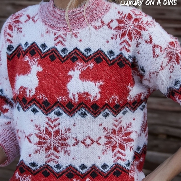 Fuzzy Fair Isle Snowflake Reindeer Red Knit Shirt Holiday Minimalist Sweater Top - Picture 5 of 7